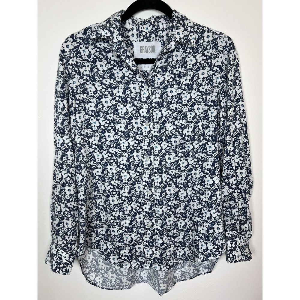 Grayson The Hero Floral Button Down Shirt Navy Blue White Lyocell Womens Size 01